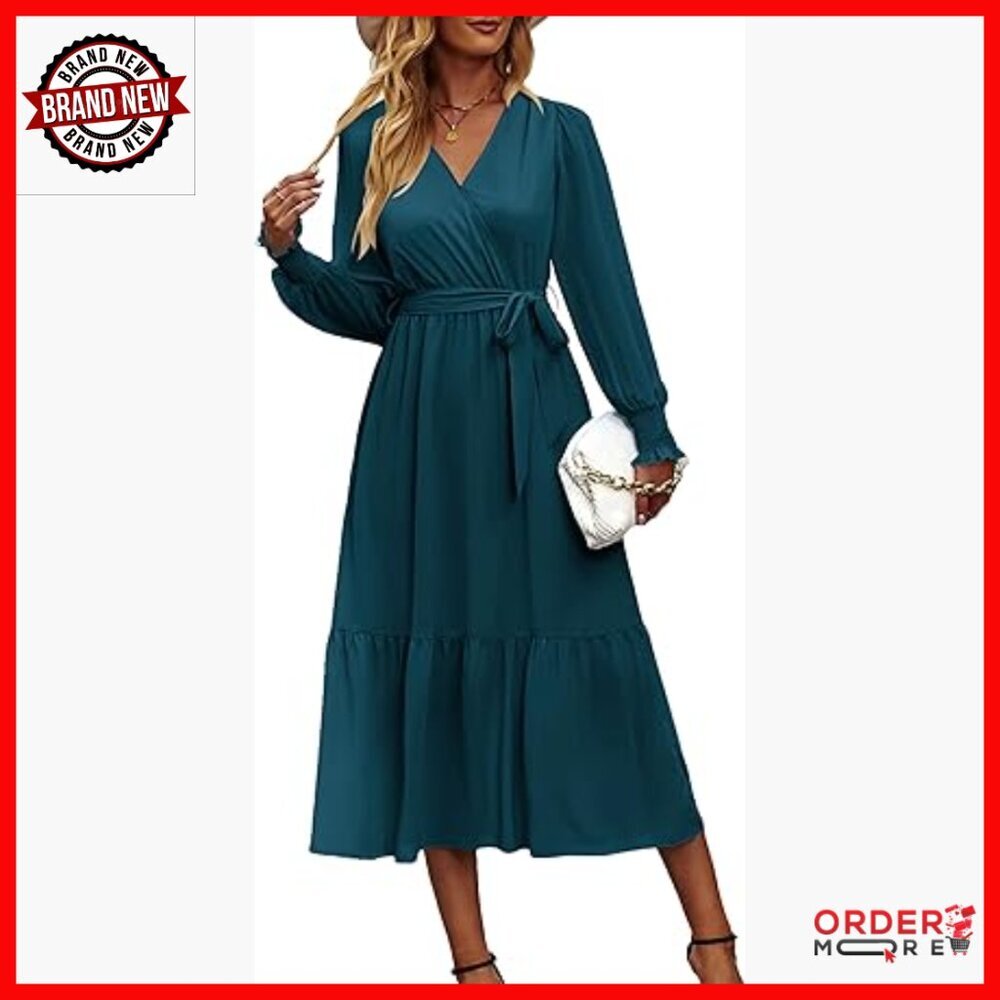 Long Sleeve Maxi Dress Wrap V Neck Ruffle Hem Flowy Boho Formal - Picture 1 of 7